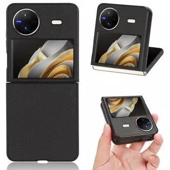 Чехол для телефона vivo X Flip Covers с кожаной нашивкой Lychee Pattern Противоударный бампер Защитные чехлы от падения for vivo X Flip чёрный