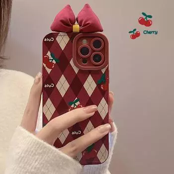 Чехол для телефона в стиле ретро с вишней и бриллиантами в клетку с геометрическим узором Sweet Tie Bow для Iphone14 13 11 Promax Xsmax Xr 78 Plus, милый чехол 1153 For iPhone13 Pro Max