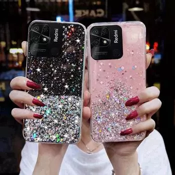 Чехол для телефона Xiaomi Redmi 10C с блестками и звездами, мягкий ТПУ, полное покрытие для Redmi 10 C redmi10C 4G, прозрачные силиконовые чехлы Redmi 10C 4G розовый
