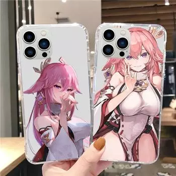 Чехол для телефона Yae Miko Genshin Impact для iPhone 15 12 Mini 13 14 Pro XS Max X 11pro Max SE XR, прозрачный корпус iPhone15pro