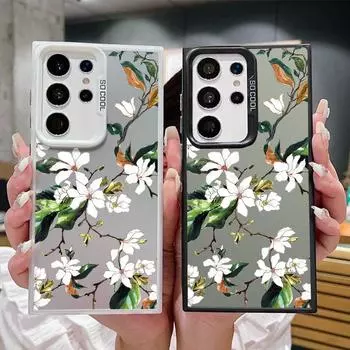 Чехол для телефона Yulan Flower Pattern Square для Samsung S24 S22 Ultra S23 S21 S20 Fe A54 A53 A52, противоударный, тонкий, противоударный, лазерный, с защитой от падений Samsung S24 серый
