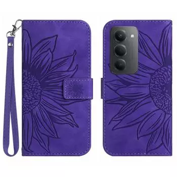 Чехол для Xiaomi Redmi 15 5G Кожаный чехол-кошелек с оттиском подсолнуха и ремешком на запястье Dark Purple