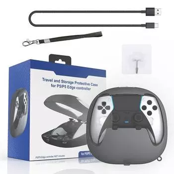 Чехол для зарядки для контроллера PS5/PS5 Edge Dual Sense, жесткий защитный чехол, чехол для хранения, сумка для переноски с зарядным кабелем и шнурком 18.2*8.8*17.9cm чёрный