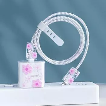 Чехол для зарядного устройства и кабель для Apple iPhone 15/14 - дизайн Smile Flower 1 charging head cover + 2 small wires + binding прозрачный