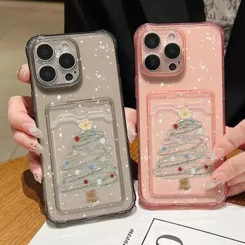 Чехол Dream Merry Christmas Tree Print Clear Card Slot Case для iPhone 16 Pro Max 15 Pro 14 13 12 11, ударопрочный, мягкий, силиконовый, тонкий, прозрачный чехол для телефона iPhone 16 серый