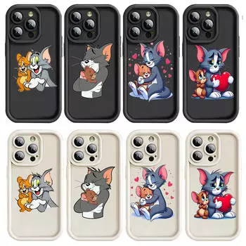 Чехол E-10 Том и Джерри для iPhone 15 14 13 12 8 Plus Samsung S24 S23 Ultra A04S A05S Huawei P40 P50 P60 Nova 11 Pro Max OPPO A17K Reno 10 iPhone 12 кожа буйвола