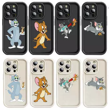 Чехол E-26 Том и Джерри для iPhone 15 14 13 12 8 Plus Samsung S24 S23 Ultra A04S A05S Huawei P40 P50 P60 Nova 11 Pro Max OPPO A17K Reno 10 iPhone 12 кожа буйвола