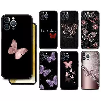 Чехол Funda для Apple Iphone 14 11 13 7 12 Pro 7 Xr Xs Max 8 Plus 6 14pro 13mini, черный мягкий чехол для телефона, красивая розовая бабочка iPhone 14 Pro
