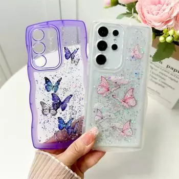 Чехол Glitter Butterfly Wave для Samsung Galaxy S24 Ultra S22 Plus S23 FE A55 A54 A15 A14 A13 A53 A35 Мягкий силиконовый чехол Bling For Samsung S23 белый