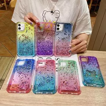 Чехол Gradient Frosted Glitter Quicksand для iPhone 13/14/15 Pro Max iPhone 14 Pro max небесно-голубой/золотой