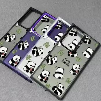 Чехол IMD Laser с милым принтом панд для Samsung S24 S23 Ultra S22 Plus S21 S20 FE A54 A53 A52, защита объектива, жесткий противоударный чехол для телефона из ПК Samsung S24 серый