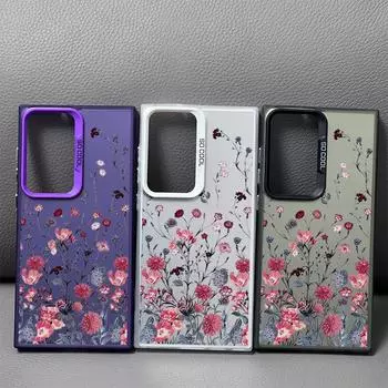 Чехол IMD с цветочным принтом для Samsung S24 Ultra S23 Plus S22 S21 S20 FE A54 A53 A52, роскошный лазерный противоударный жесткий чехол для телефона из ПК Samsung S24 серый