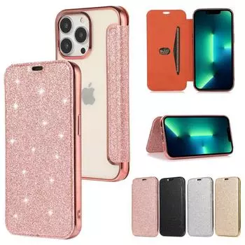 Чехол из блестящей кожи для iPhone 14 — прозрачный держатель для карт из ТПУ с гальваническим покрытием, модная и комплексная защита. iPhone 13 розового золота