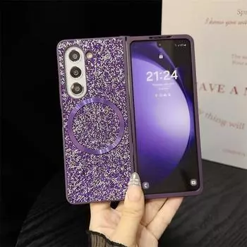 Чехол из блестящей кожи и магнитного пластика для телефона Samsung Galaxy Z Fold 6 5 4 Fold6 Fold5 Fold4 Fold3 Hard Shell Protective Cover For Galaxy Z Fold5 розовый