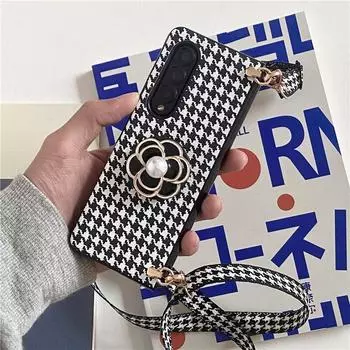 Чехол из искусственной кожи с 3D камелией и узором «гусиные лапки» для Samsung Galaxy Z Fold 4 5G, ремешок через плечо, жемчужный браслет, чехол для Samsung Z Flip 3 Z Flip 4 samsung Z flip 3 белый