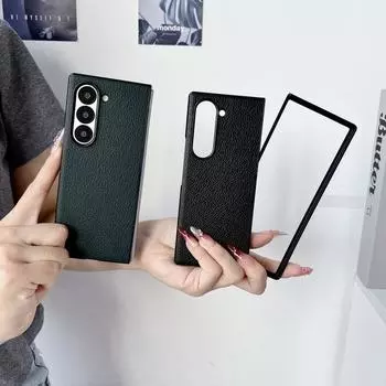 Чехол из искусственной кожи с текстурой из поликарбоната для Samsung Z Fold6 Fold5 Fold4 Fold3, ударопрочный, тонкий, складной чехол из 2 предметов Samsung Z Fold6 чёрный