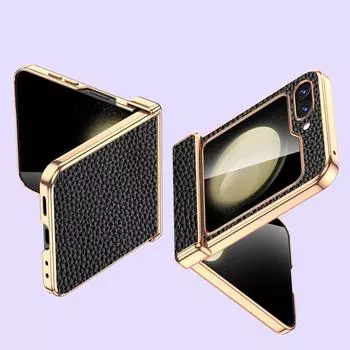 Чехол из коровьей кожи для телефона Samsung Galaxy Z Flip6 Flip5 Flip 6 5 ZFlip5 Роскошный защитный чехол с шарниром и закаленным стеклом For Galaxy Z Flip5 розовый