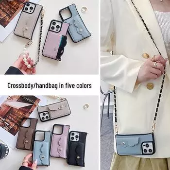 Чехол из кожи для iPhone 16 ProMax с ремешком через плечо — отделение для карт, защита от падения, защитный Light mist blue (portable). iPhone 16 Pro