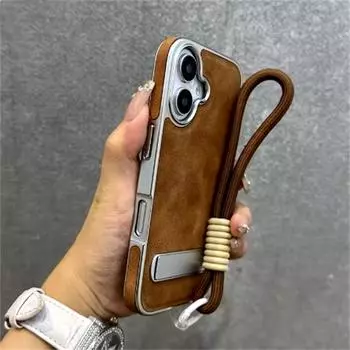 Чехол из кожи с деловым покрытием для iPhone 16, 15, 11, 12, 13, Pro, Max, 16 Plus, ремешок на запястье, цепочка, подставка, складной кронштейн, чехол для ПК iPhone 16 Pro Max чёрный