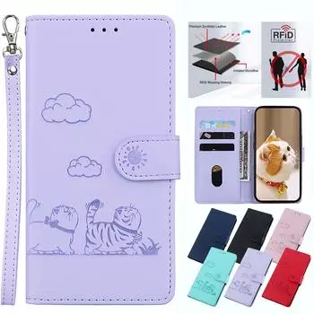 Чехол из кожи с милым котом для Samsung Galaxy S25 Plus S24 S23 Ultra с блокировкой RFID, подставкой, чехлом-кошелеком и слотами для карт, чехлом-кобурой для Galaxy A16 A06 A55 M35 M55 Samsung Galaxy S10 розовый