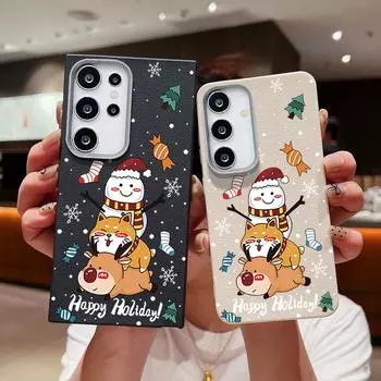 Чехол из кожи с рисунком рождественского снеговика, кота, лося для Samsung S24 S22 Ultra S23 S21 S20 Fe A55 A54 A53 A52 A35 A34 A15, противоударный, мягкий, из ТПУ, тонкий чехол Samsung S24 FE чёрный