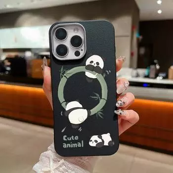 Чехол из кожи с текстурой для iPhone 16, 15 Pro, 14, 13, 12, 11 Pro Max, Xs Max Xr, 8, 7, 6 Plus, с рисунком панды, противоударный, мягкий, из ТПУ, тонкий чехол iPhone 16 чёрный