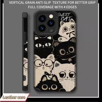 Чехол из кожи с вертикальным зернистым рисунком и рисунком в виде мультяшных котов и медведей, противоударный, мягкий силиконовый чехол с полной защитой объектива камеры для iPhone iPhone 15 Pro Max
