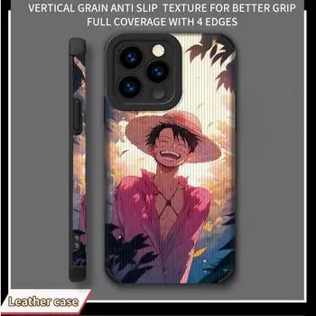 Чехол из кожи с вертикальным зернистым узором и принтом смеющегося Луффи, противоударный, мягкий силиконовый чехол с полной защитой объектива камеры для iPhone iPhone 15 Pro Max