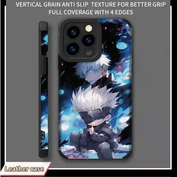 Чехол из кожи с вертикальным зернистым рисунком и милым принтом в виде мультфильма «Годжо Сатору» с рисунком, мягкий силиконовый чехол с полной защитой объектива камеры для iPhone iPhone 15 Pro Max