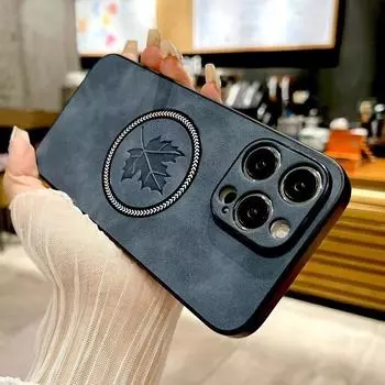 Чехол из кожи в стиле ретро Maple Leaf для iPhone 16 15 14 13 12 11 Pro Max Plus iPhone15 iPhone14 ProMax для чехлов Magsafe Magnetic Charge iPhone 16 Pro Max чёрный