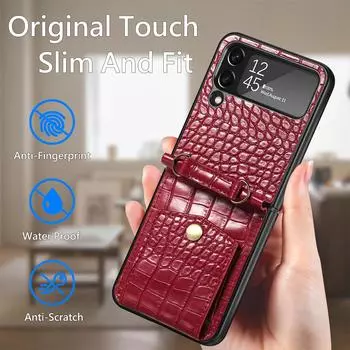 Чехол из крокодиловой кожи с защитой от отпечатков пальцев для Samsung Galaxy Z Flip 4 Flip4 5g, защитный чехол с ремешком на шнурке for Samsung Z Flip 4 чёрный