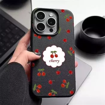 Чехол из мягкой противоударной матовой кожи с вишневым узором для iPhone 16 Pro 15 14 13 12 Pro Max 11 iPhone 16 чёрный
