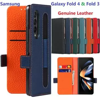 Чехол из натуральной кожи для Samsung Galaxy Z Fold 4 Fold 3, чехол-книжка, ручка, слот для карт, магнитный защитный чехол-кошелек for Galaxy Z Fold4(7.6 ) серый