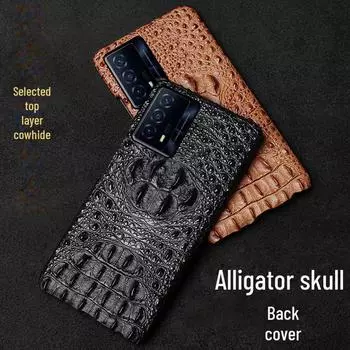 Чехол из натуральной кожи с изображением черепа крокодила для iQOO Z5/Z5x — первоклассная защита на половину покрытия Contact customer service for other models кофейный