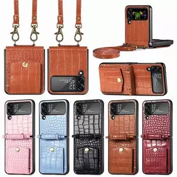 Чехол из натуральной кожи с ремешком для карточек для Samsung Galaxy Z Flip 4 5G Flip4, кошелек-подставка с крокодиловым узором, задняя крышка for Galaxy Z Flip 4 чёрный