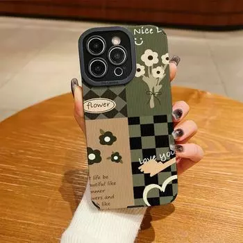 Чехол из натуральной кожи с вертикальным зернистым узором, зеленый, с цветочным рисунком, противоударный, мягкий, силиконовый, с полной защитой объектива камеры для iPhone iPhone 15 Pro Max