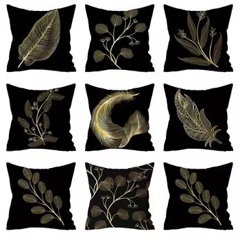 Чехол из полиэстера с золотым растительным принтом, чехол для диванной подушки, домашний декор чёрный