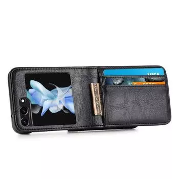 Чехол из ПУ кожи для Samsung Z Flip 6 5 4 3 2 Flip6 Flip5 Flip4 Flip3 Flip2 5G Защитный чехол для телефона с держателем для нескольких карт For Galaxy Z Flip 1 чёрный