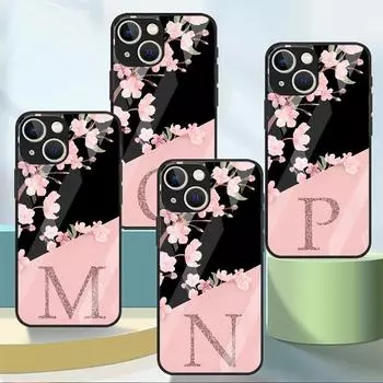 Чехол из стекла Cherry Blossom Flower Initial M для Apple iPhone 14 13 Pro 11 12 7 8 Plus SE 2022 XR X XS Max 6 6S iPhone 14 Plus