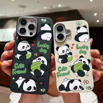 Чехол из текстурированной кожи для iPhone 16 15 Pro 14 13 12 11 Pro Max Xs Max Xr 8 7 6 Plus с рисунком счастливой панды, противоударный, мягкий, из ТПУ, тонкий чехол iPhone 16 чёрный