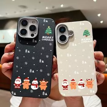 Чехол из текстурированной кожи для iPhone 16 15 Pro 14 13 12 11 Pro Max Xs Max Xr 8 7 6 Plus с рождественским узором, противоударный, мягкий, из ТПУ, тонкий чехол iPhone 16 бежевый