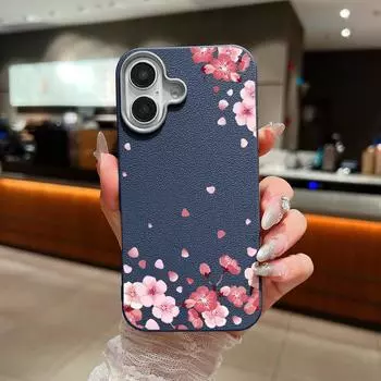 Чехол из ТПУ с рисунком сакуры и текстурой из матовой кожи для iPhone 16 Pro Max 15 14 Pro 13 12 11, ударопрочный, тонкий, мягкий чехол для телефона iPhone 16 синий