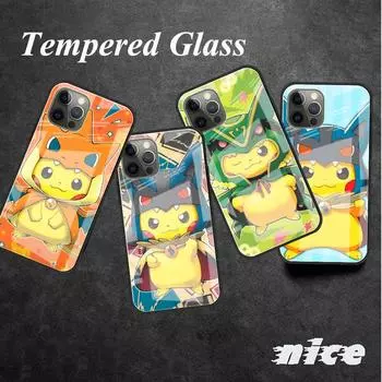 Чехол из закаленного стекла для iPhone 11 13 Pro Max 12 XR SE 7 8 Plus X XS 6 6S противоударный чехол для телефона Hard Funda Funny Pokemon Pikachu iPhone 6 6S