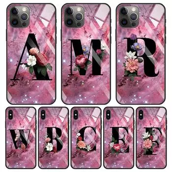 Чехол из закаленного стекла для iPhone 14 12 11 Pro Max 13 12 Mini X XR XS Max 8 7 6s Plus силиконовый чехол с надписью AB цветы розовый iPhone 7 8 Plus