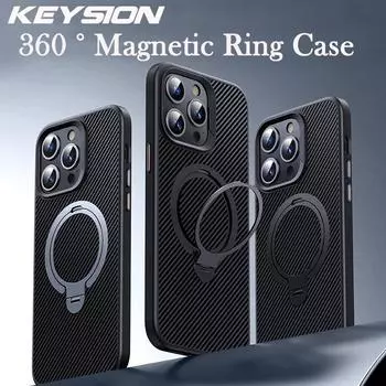 Чехол KEYSION из углеродного волокна с текстурой для MagSafe для iPhone 15 Pro Max 14 13 12 с вращающимся магнитным кольцом-подставкой, противоударный чехол для телефона for iPhone 12 чёрный