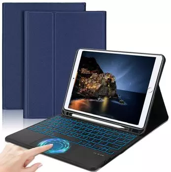 Чехол-клавиатура для iPad 9-го поколения 8-го поколения 7-го поколения Съемная клавиатура 7-цветная подсветка с сенсорной панелью Съемная крышка-клавиатура для iPad синий