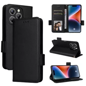 Чехол-книжка для Oukitel P1, кожаный чехол с узором личи, магнитный чехол-книжка с подставкой и держателем для карт for Oukitel P1 чёрный