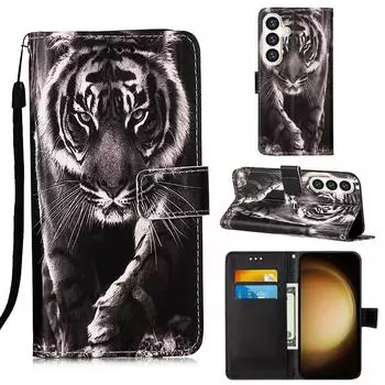 Чехол-книжка из искусственной кожи с монохромным тигром для iPhone Samsung Huawei Honor Xiaomi Redmi Oppo Vivo Google TCL Infinix... Tecno Camon 30