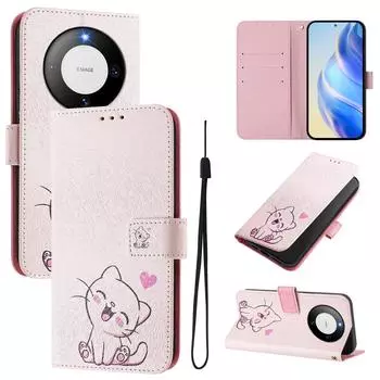 Чехол-книжка из искусственной кожи с рисунком милого кота для Huawei P20 P30 P40 P50, Pura 70, Mate 60, Mate 70, Honor 50... Huawei P20 розовый