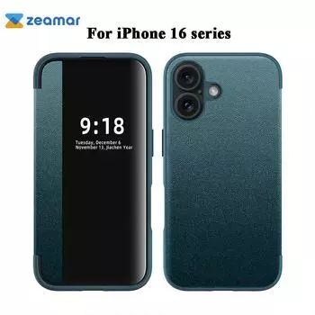 Чехол-книжка из кожи Business Smart View для iPhone 16 15 14 13 12 11 Pro X XS XR Max 8 7 Plus SE, защита объектива, противоударный чехол For iPhone 16 темно-зеленого